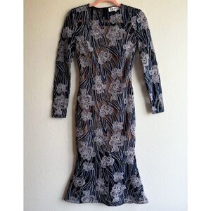 Elliatt Floral Lace Long Sleeve Midi Flare Dress in Black Blue & Purple size XS